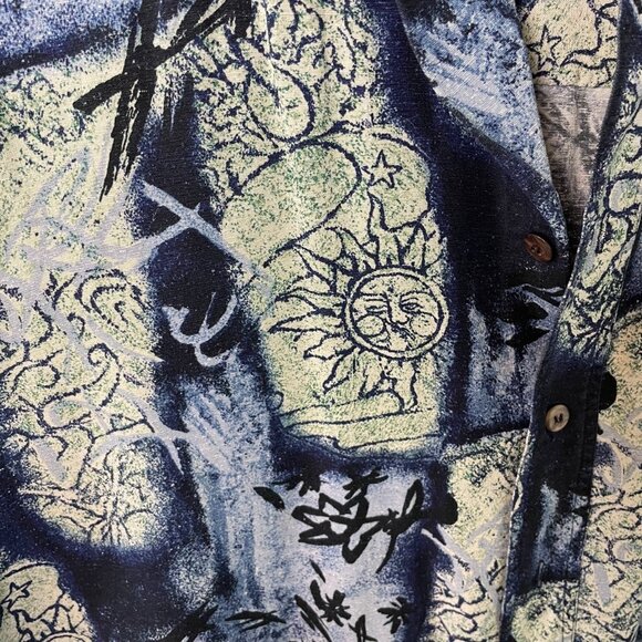 Mens Retro 90s Silk Patterned Blue Button Down Short Sleeve Shirt - Picture 4 of 8